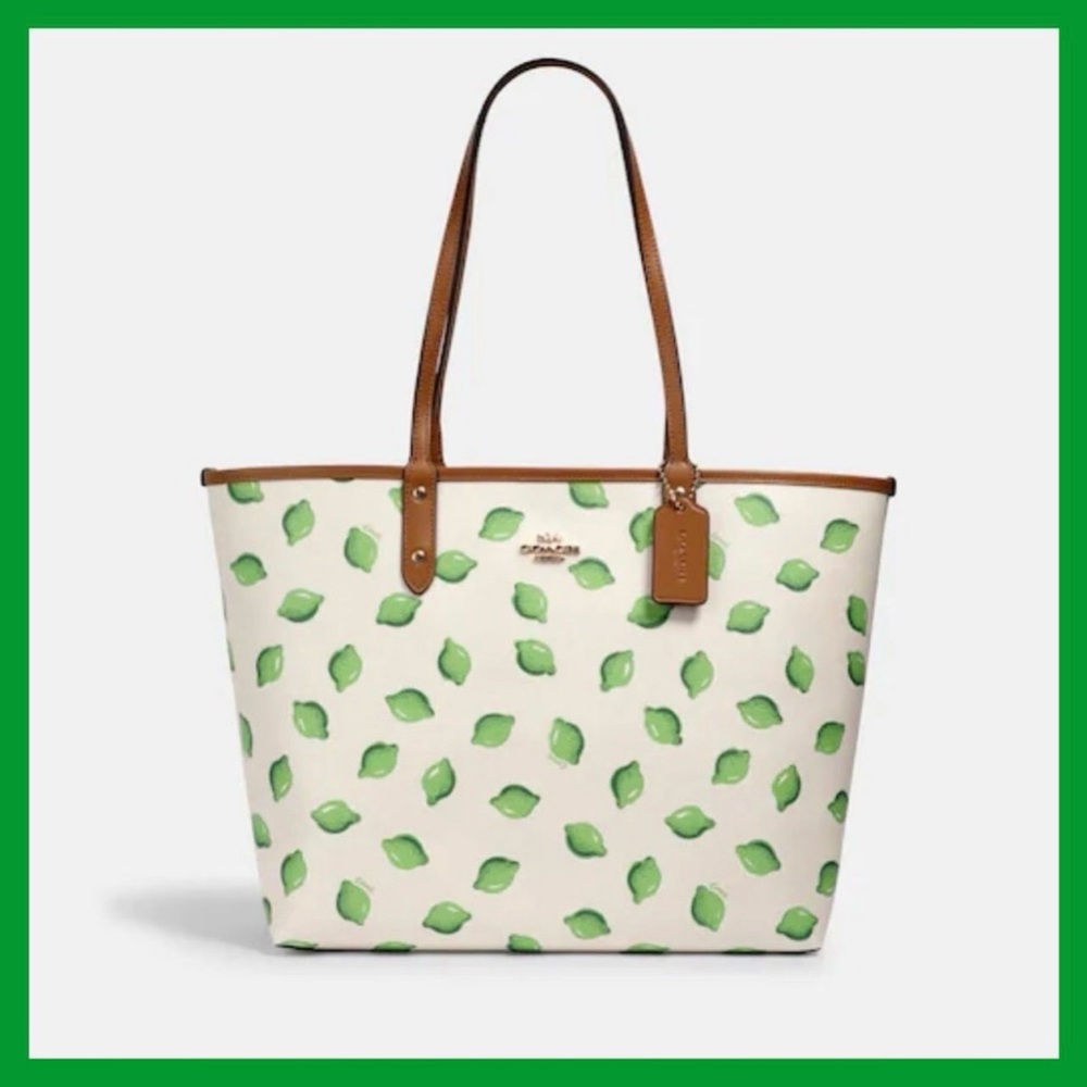 COACH Reversible City Tote Purse & Trigger Charm W/ Lime Print Bundle NEW